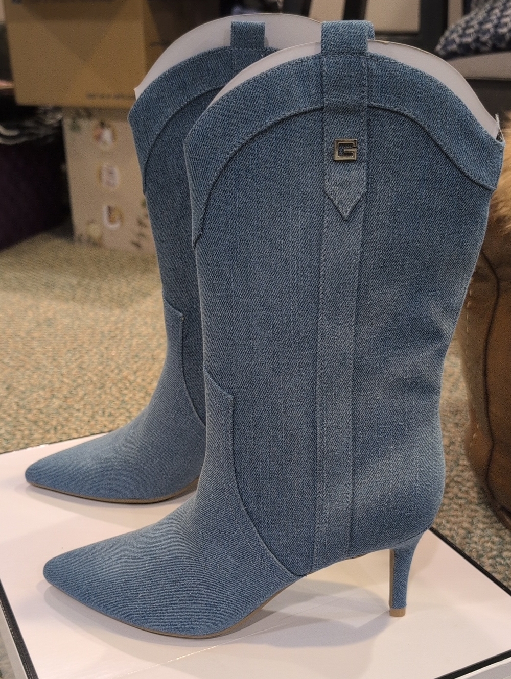 Guess Denim Pointed-Toe Mid-Calf Heeled Boots - Blue Size 8 NWT